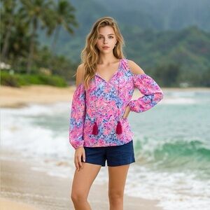 Lilly Pulitzer Finch Cold Shoulder Multicolor Floral Top - M